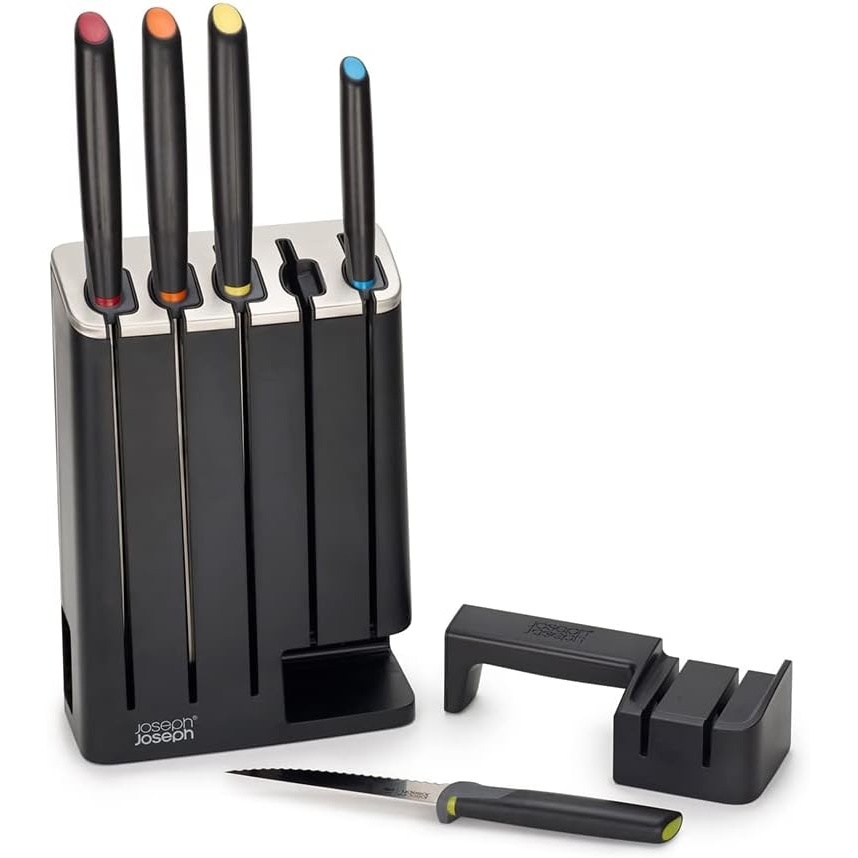 image:imageJoseph Joseph Elevate Knives SlimBlock Stainless Steel 7 Piece Kitchen Knife Block Set with ceramic sharpener  BlackPlastic