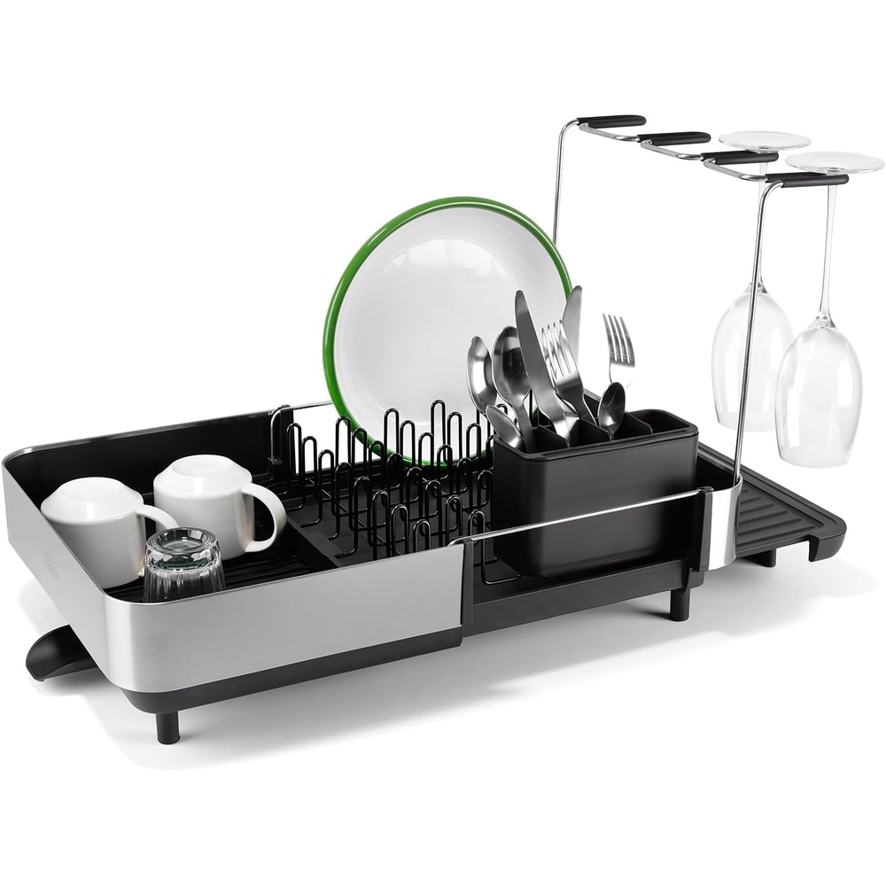 image:imageJoseph Joseph Extendable Dish Drying Rack with Dual Parts  Stainless Steel NonScratch Movable Utensil Drainer amp Drainage Spout GrayBlack