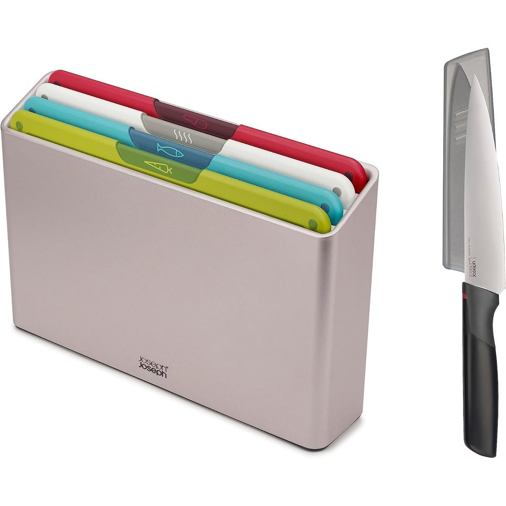 image:imageJoseph Joseph Folio Icon 4Piece Multi Colour coded Cutting Board Set with Japanese Stainless Steel Knife Slimline case for organized Kitchen storage SilverSilver