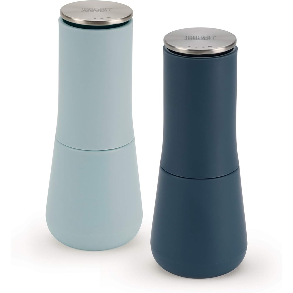 image:imageJoseph Joseph Milltop NonSpill Salt and Pepper Mill 2piece Set Refillable with Ceramic Grinder Adjustable Grinding Size WhiteDark GreyBlue