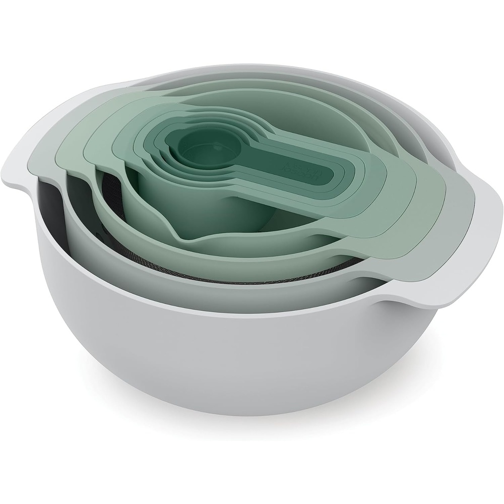 image:imageJoseph Joseph Nest 9 Plus 9 Piece Compact Food Preparation Set with Mixing Bowls Measuring cups Sieve and Colander MultiColorGreen
