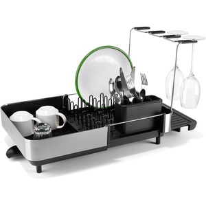 Joseph Joseph Extendable Dish Drying Rack with Dual Parts – Stainless Steel, Non-Scratch, Movable Utensil Drainer & Drainage Spout, Gray(Black)