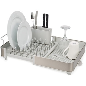 Joseph Joseph Extendable Dish Drying Rack with Dual Parts – Stainless Steel, Non-Scratch, Movable Utensil Drainer & Drainage Spout, Gray(Light Stone)
