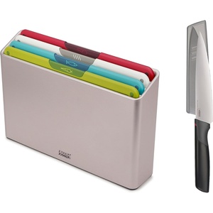 Joseph Joseph Folio Icon 4-Piece Multi Colour coded Cutting Board Set with Japanese Stainless Steel Knife, Slimline case for organized Kitchen storage, Silver(Silver)
