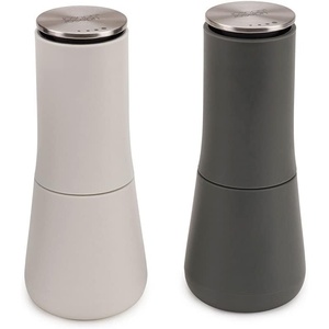 Joseph Joseph Milltop Non-Spill Salt and Pepper Mill 2-piece Set, Refillable with Ceramic Grinder, Adjustable Grinding Size, White/Dark Grey(Gray)