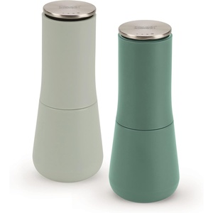 Joseph Joseph Milltop Non-Spill Salt and Pepper Mill 2-piece Set, Refillable with Ceramic Grinder, Adjustable Grinding Size, White/Dark Grey(Green)
