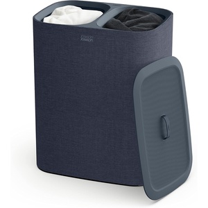 Joseph Joseph Tota 60 liter/15.8 gallon Laundry Hamper Separation Basket with lid, 2 Removable Washing Bags with Handles- Ecru(Dark Blue)